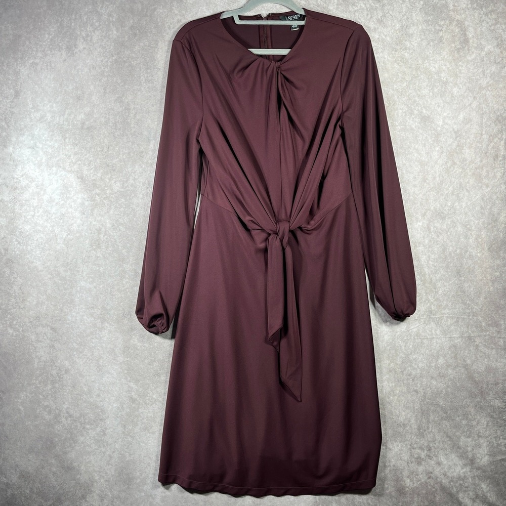 Lauren Ralph Lauren Dress Womens Large Purple Tie Front Midi‎ Long Sleeve Career